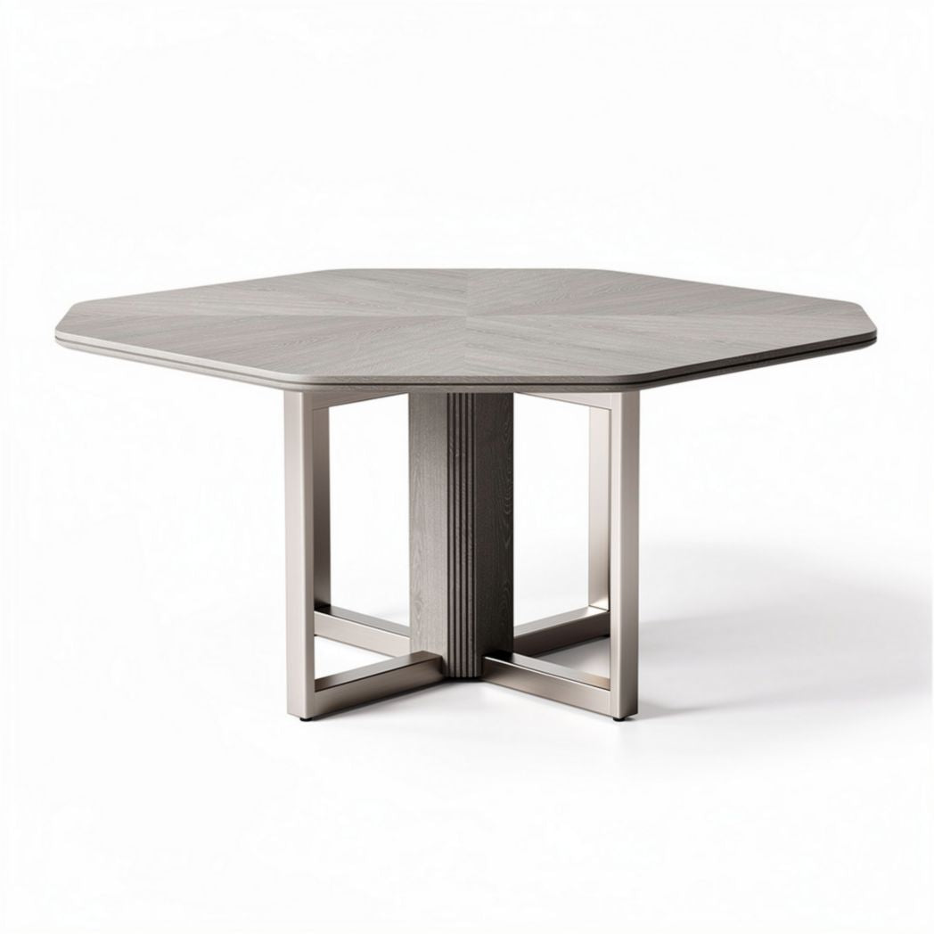 Hexagonal dining table in light gray finish with metal legs 120 x 120 x 75cm