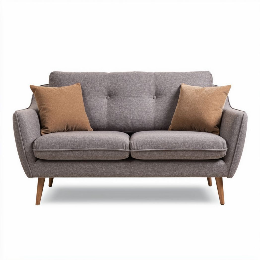 Two-seat grey fabric sofa with wooden legs and two accent pillows