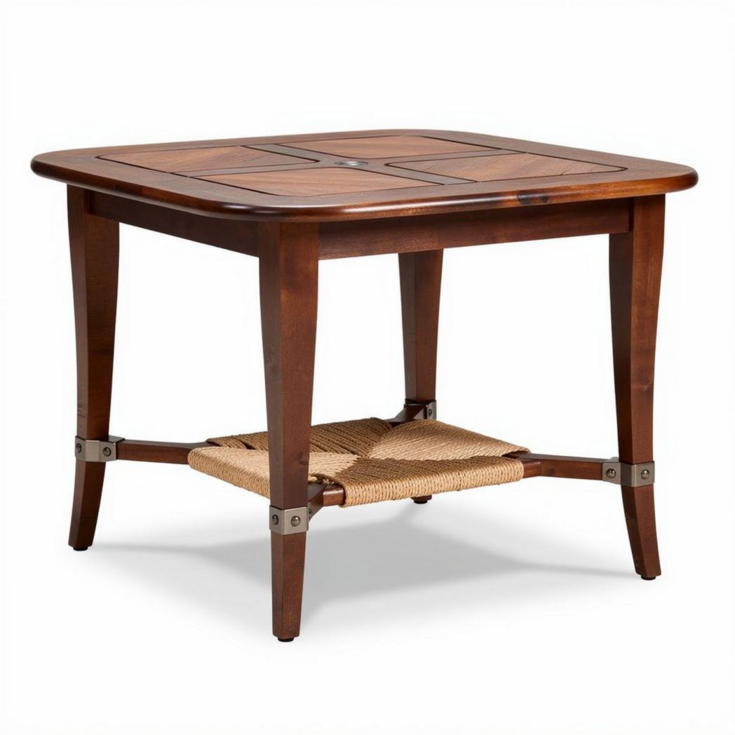 Wooden square side table with woven shelf 60 x 60 x 50cm walnut finish
