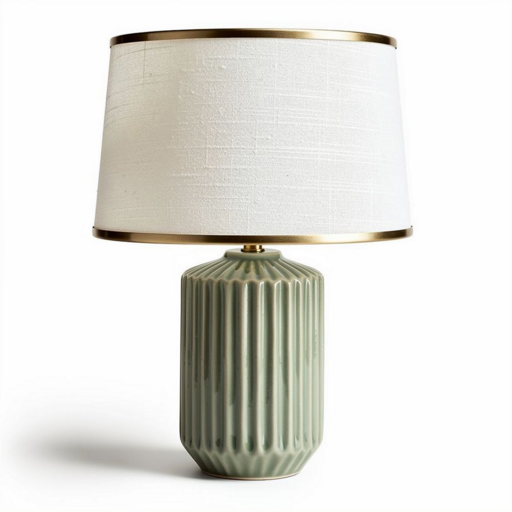 Ceramic table lamp with beige fabric shade in green ribbed design 30 x 30 x 50cm
