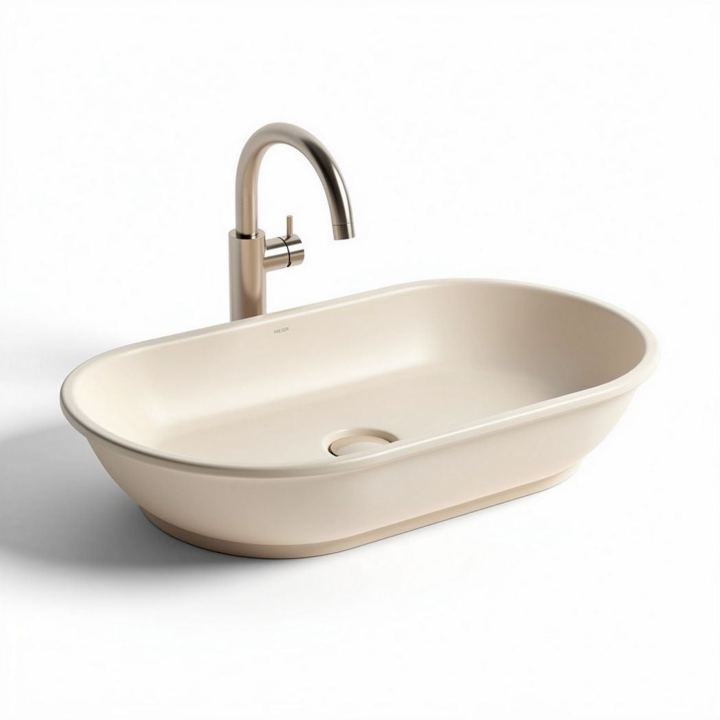 Ceramic oval vessel sink in cream with brushed nickel faucet finish 50 x 30 x 15cm