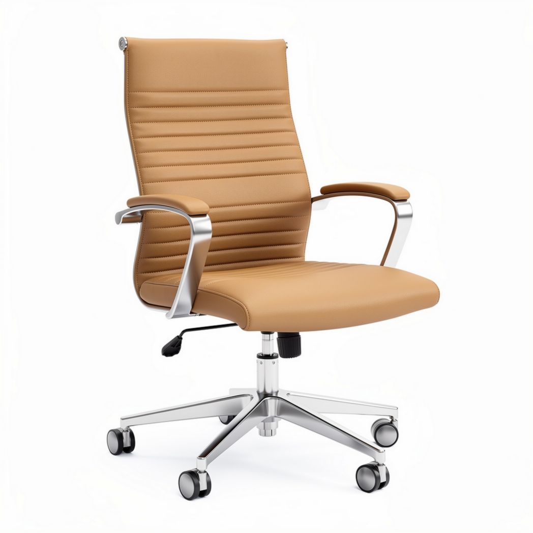 Brown leather ergonomic office chair with adjustable height and swivel base